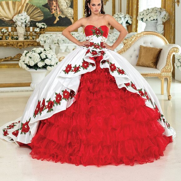 New Strapless Floral Lace Embellished Quinceanera Gown w/ Lace Up Back DQ 1934 - Picture 5 of 8